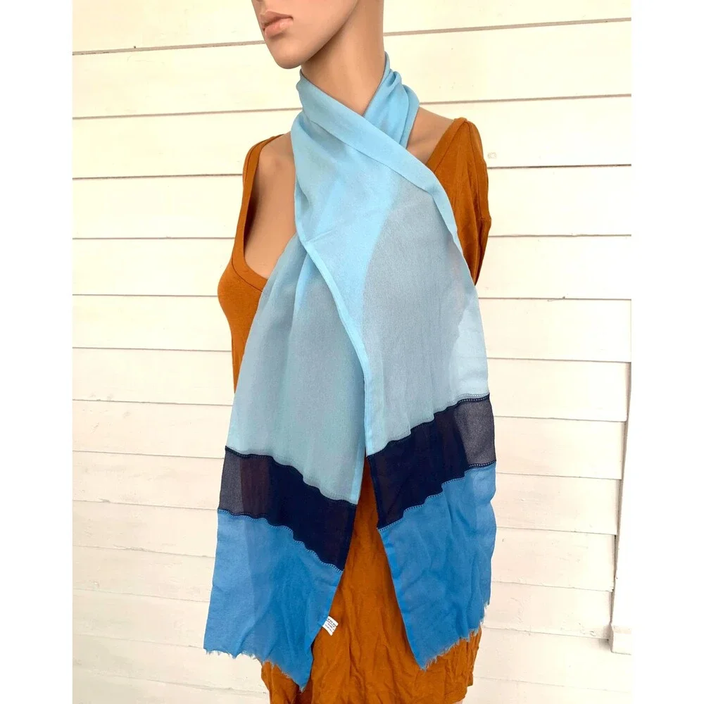 Vintage Vera Blue Sheer Vinal Silk Fringe Scarf